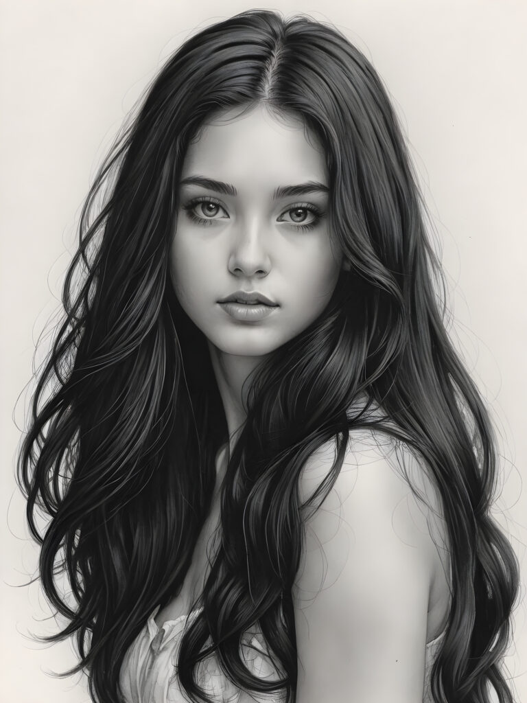 a pencil drawing (((vividly drawn portrait))), capturing a young girl with long, flowing (((black hair))), her eyes sparkling and her skin radiant, embodying flawless beauty