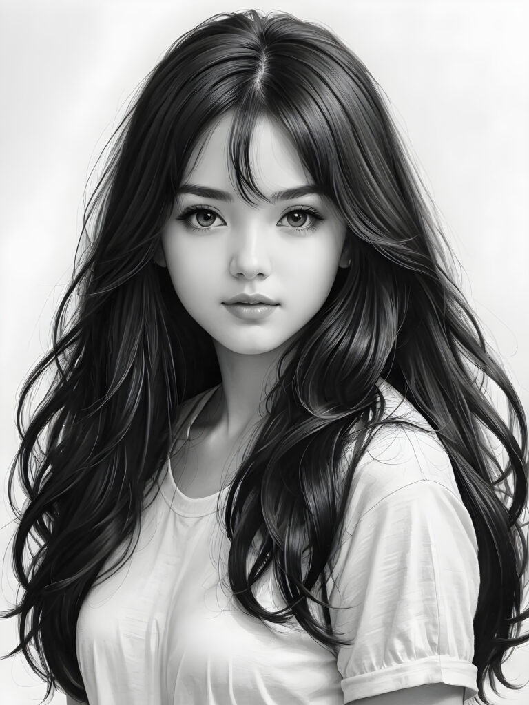 a pencil drawing ((black and white)), (((vividly drawn portrait))), capturing a young girl with long, flowing (((black hair))), her eyes sparkling and her skin radiant, embodying flawless beauty