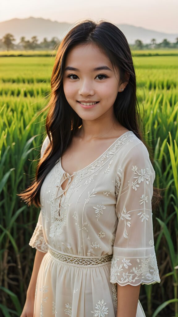 a perfect Asian teen girl stands in front of a rice field. She has long, straight black hair that shines in the evening light, perfect curved body, traditionally dressed, she smiles, beautiful atmosphere