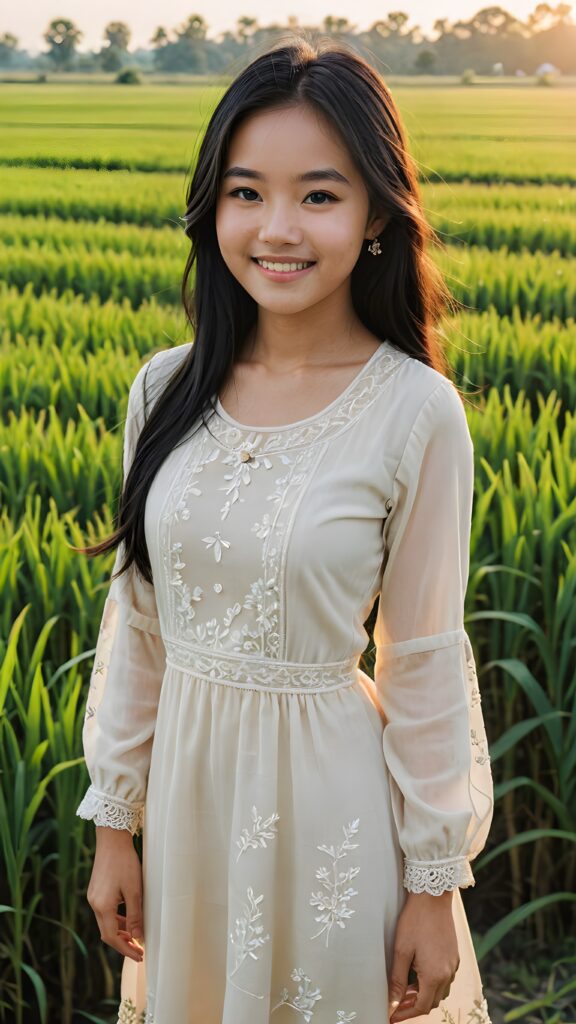 a perfect Asian teen girl stands in front of a rice field. She has long, straight black hair that shines in the evening light, perfect curved body, traditionally dressed, she smiles, beautiful atmosphere