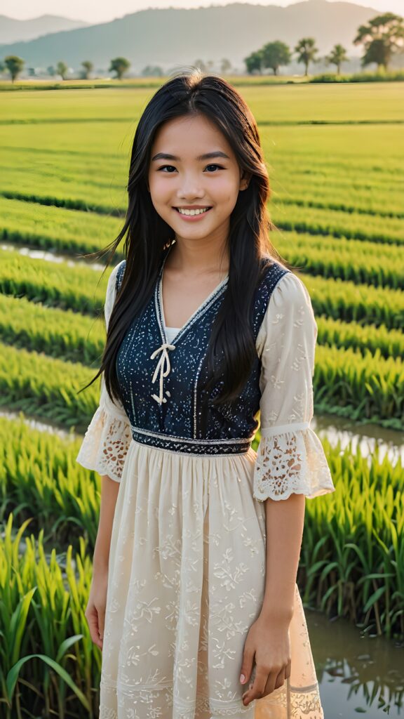 a perfect Asian teen girl stands in front of a rice field. She has long, straight black hair that shines in the evening light, perfect curved body, traditionally dressed, she smiles, beautiful atmosphere