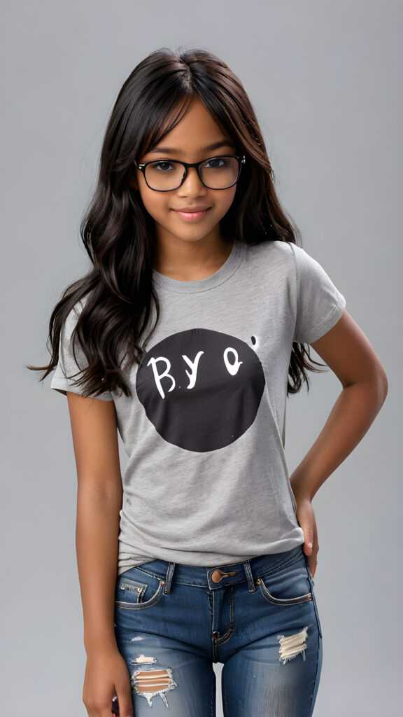 a (((perfect and realistic full-body portrait))), featuring a (((beautiful and cute 13-year-old brown-skinned Exotic girl))) with long, (((straight black hair with side bangs))), wearing a (((grey t-shirt and jeans))), accessorizing with (((black Ray Ban glasses))), and displaying a (((moderately imperfect skin))), with (((black beauty marks))), slightly imperfect teeth, and modestly wavy, (((straight black hair with side bangs))), framed by a circle of (((charmingly miniature ghosts)))