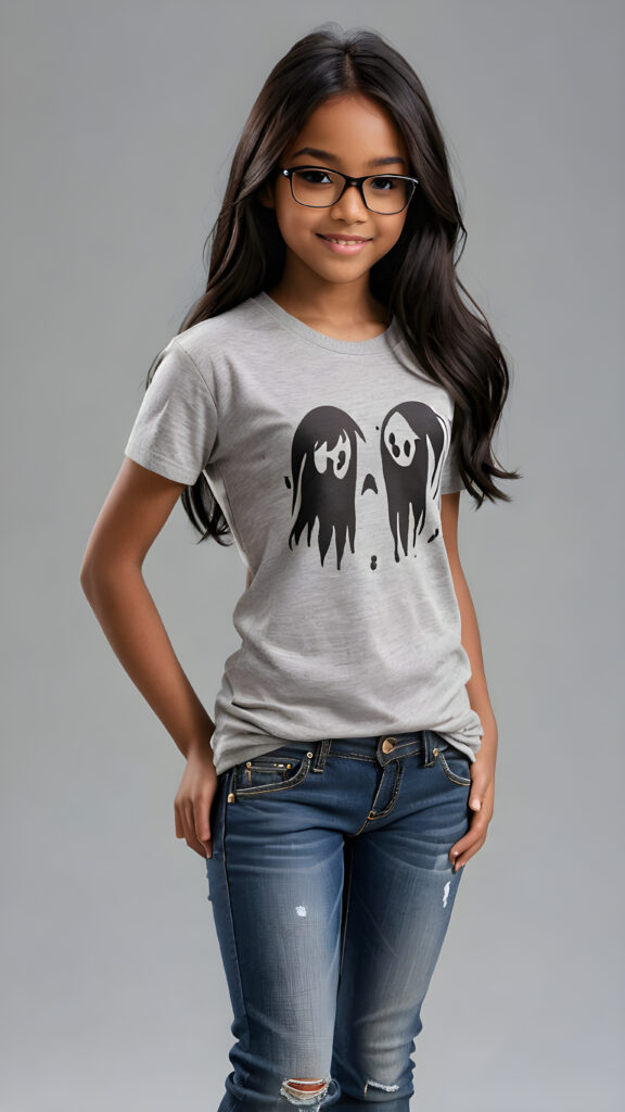 a (((perfect and realistic full-body portrait))), featuring a (((beautiful and cute 13-year-old brown-skinned Exotic girl))) with long, (((straight black hair with side bangs))), wearing a (((grey t-shirt and jeans))), accessorizing with (((black Ray Ban glasses))), and displaying a (((moderately imperfect skin))), with (((black beauty marks))), slightly imperfect teeth, and modestly wavy, (((straight black hair with side bangs))), framed by a circle of (((charmingly miniature ghosts)))