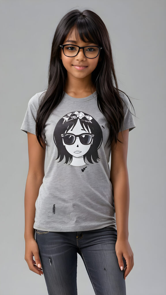 a (((perfect and realistic full-body portrait))), featuring a (((beautiful and cute 13-year-old brown-skinned Exotic girl))) with long, (((straight black hair with side bangs))), wearing a (((grey t-shirt and jeans))), accessorizing with (((black Ray Ban glasses))), and displaying a (((moderately imperfect skin))), with (((black beauty marks))), slightly imperfect teeth, and modestly wavy, (((straight black hair with side bangs))), framed by a circle of (((charmingly miniature ghosts)))