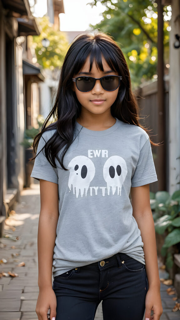 a (((perfect and realistic full-body portrait))), featuring a (((beautiful and cute 13-year-old brown-skinned Exotic girl))) with long, (((straight black hair with side bangs))), wearing a (((grey t-shirt and jeans))), accessorizing with (((black Ray Ban glasses))), and displaying a (((moderately imperfect skin))), with (((black beauty marks))), slightly imperfect teeth, and modestly wavy, (((straight black hair with side bangs))), framed by a circle of (((charmingly miniature ghosts)))