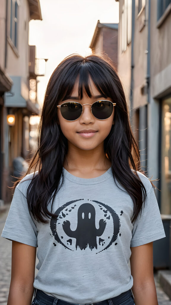 a (((perfect and realistic full-body portrait))), featuring a (((beautiful and cute 13-year-old brown-skinned Exotic girl))) with long, (((straight black hair with side bangs))), wearing a (((grey t-shirt and jeans))), accessorizing with (((black Ray Ban glasses))), and displaying a (((moderately imperfect skin))), with (((black beauty marks))), slightly imperfect teeth, and modestly wavy, (((straight black hair with side bangs))), framed by a circle of (((charmingly miniature ghosts)))