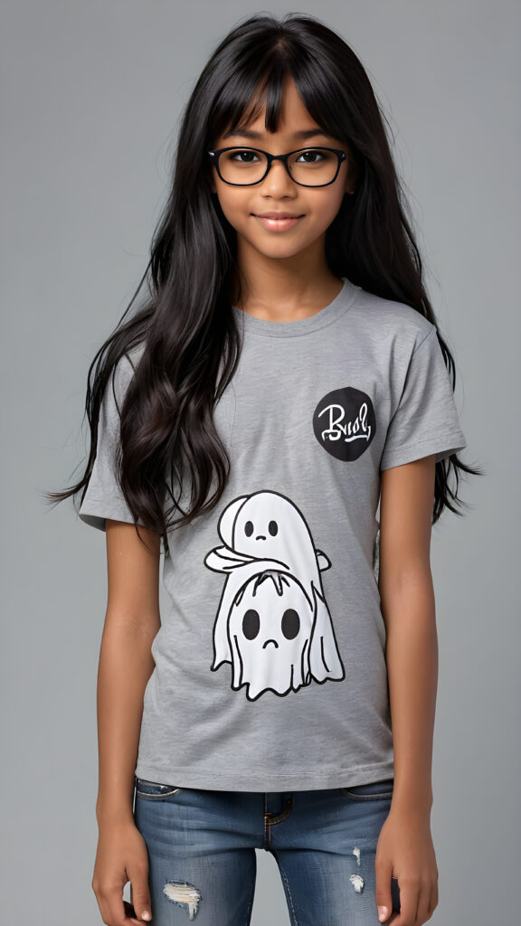 a (((perfect and realistic full-body portrait))), featuring a (((beautiful and cute 13-year-old brown-skinned Exotic girl))) with long, (((straight black hair with side bangs))), wearing a (((grey t-shirt and jeans))), accessorizing with (((black Ray Ban glasses))), and displaying a (((moderately imperfect skin))), with (((black beauty marks))), slightly imperfect teeth, and modestly wavy, (((straight black hair with side bangs))), framed by a circle of (((charmingly miniature ghosts))) in a (Tim Burton style)