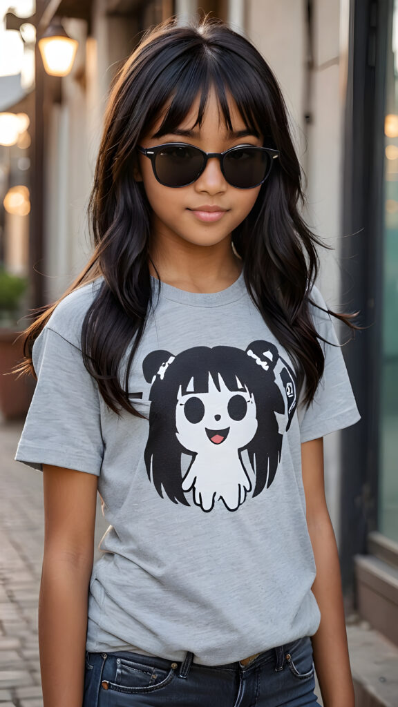 a (((perfect and realistic full-body portrait))), featuring a (((beautiful and cute 13-year-old brown-skinned Exotic girl))) with long, (((straight black hair with side bangs))), wearing a (((grey t-shirt and jeans))), accessorizing with (((black Ray Ban glasses))), and displaying a (((moderately imperfect skin))), with (((black beauty marks))), slightly imperfect teeth, and modestly wavy, (((straight black hair with side bangs))), framed by a circle of (((charmingly miniature ghosts)))