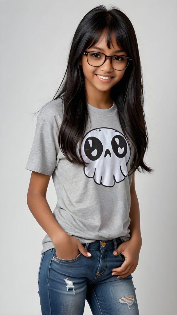 a (((perfect and realistic full-body portrait))), featuring a (((beautiful and cute 13-year-old brown-skinned Exotic girl))) with long, (((straight black hair with side bangs))), wearing a (((grey t-shirt and jeans))), accessorizing with (((black Ray Ban glasses))), and displaying a (((moderately imperfect skin))), with (((black beauty marks))), slightly imperfect teeth, and modestly wavy, (((straight black hair with side bangs))), framed by a circle of (((charmingly miniature ghosts)))