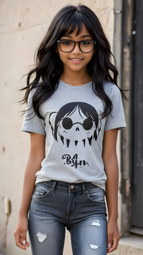 a (((perfect and realistic full-body portrait))), featuring a (((beautiful and cute 13-year-old brown-skinned Exotic girl))) with long, (((straight black hair with side bangs))), wearing a (((grey t-shirt and jeans))), accessorizing with (((black Ray Ban glasses))), and displaying a (((moderately imperfect skin))), with (((black beauty marks))), slightly imperfect teeth, and modestly wavy, (((straight black hair with side bangs))), framed by a circle of (((charmingly miniature ghosts))) in a (Tim Burton style)