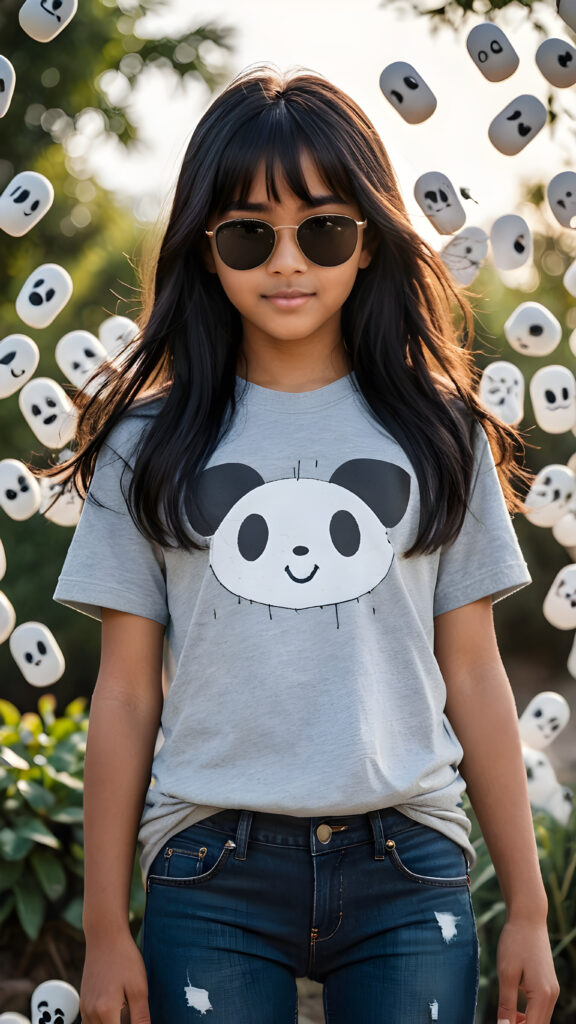 a (((perfect and realistic full-body portrait))), featuring a (((beautiful and cute 13-year-old brown-skinned Exotic girl))) with long, (((straight black hair with side bangs))), wearing a (((grey t-shirt and jeans))), accessorizing with (((black Ray Ban glasses))), and displaying a (((moderately imperfect skin))), with (((black beauty marks))), slightly imperfect teeth, and modestly wavy, (((straight black hair with side bangs))), framed by a circle of (((charmingly miniature ghosts)))