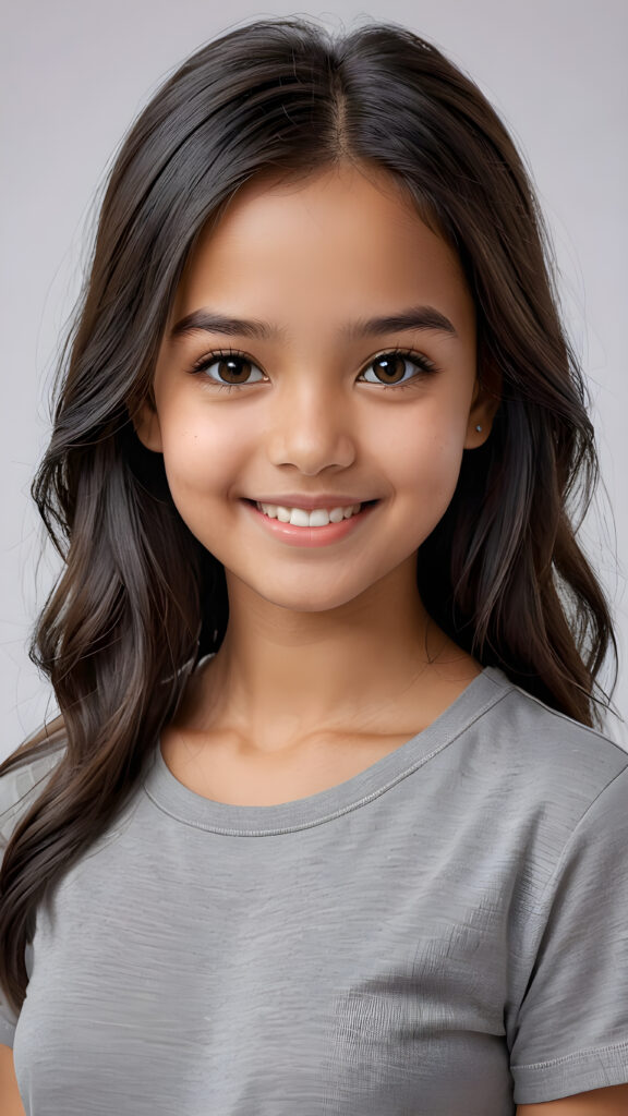 a perfect and realistic portrait, very cute young brown-skinned Exotic girl, 13 years old, grey t-shirt, smile, detailed black straight hair, brown eyes, perfect curved body