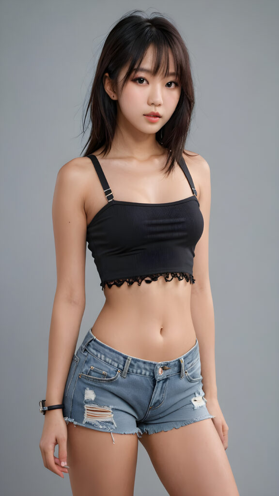 a perfect detailed and realistic photo from a (cute Korean model teen girl), medium silhouette shot, her hair is raven-black and has long straight haircut, bangs, she has pouting lips, she has a soft outlook, she has a fit and perfect curved figure, (((she is wearing a strap crop tube top and tattered shorts))), ((grey background))