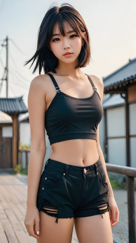 a perfect detailed and realistic photo from a (cute Japanese model teen girl), medium silhouette shot, her hair is raven-black and has long straight haircut, she has amber eyes, she has pouting lips, she has a soft outlook, she has a fit and perfect curved figure, (((she is wearing a strap crop top and tattered shorts))), in a natural way, mood scenery background