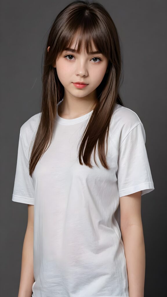 a perfect detailed and realistic picture from a (cute model teen girl, 13 years old), medium silhouette shot, her hair is white and has long straight haircut, bangs, she has pouting lips, she has a soft outlook, she has a fit and perfect curved figure, (((she is wearing a thin fine white t-shirt))), ((dark background))