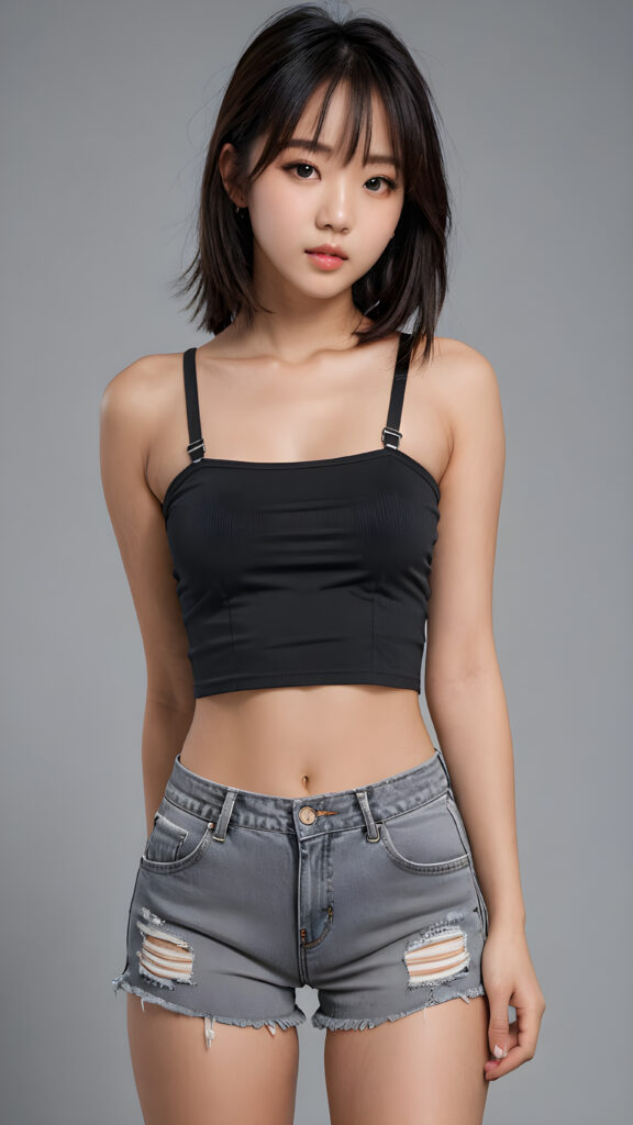 a perfect detailed and realistic photo from a (cute Korean model teen girl), medium silhouette shot, her hair is raven-black and has long straight haircut, bangs, she has pouting lips, she has a soft outlook, she has a fit and perfect curved figure, (((she is wearing a strap crop tube top and tattered shorts))), ((grey background))