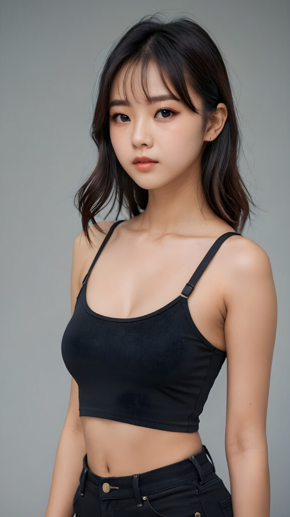 a perfect detailed and realistic photo from a (cute Korean model teen girl), medium silhouette shot, her hair is raven-black and has long straight haircut, bangs, she has pouting lips, she has a soft outlook, she has a fit and perfect curved figure, (((she is wearing a strap crop tube top and tattered shorts))), ((grey background))