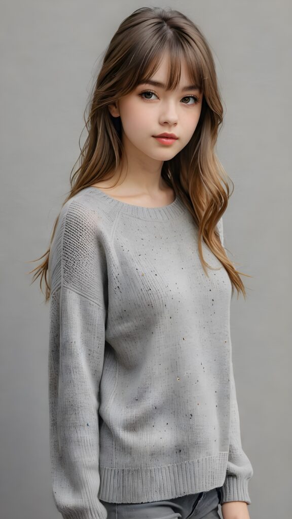 a perfect detailed and realistic picture from a (cute model teen girl), medium silhouette shot, her hair is gold-brown and has long straight haircut, bangs, she has pouting lips, she has a soft outlook, she has a fit and perfect curved figure, (((she is wearing a thin fine grey wool sweater))), ((grey background))