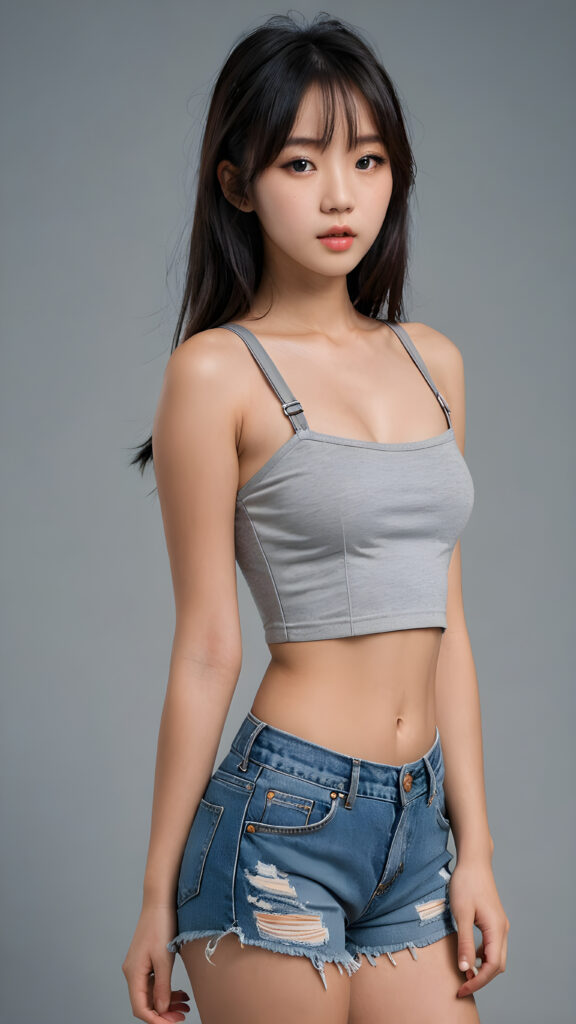 a perfect detailed and realistic photo from a (cute Korean model teen girl), medium silhouette shot, her hair is raven-black and has long straight haircut, bangs, she has pouting lips, she has a soft outlook, she has a fit and perfect curved figure, (((she is wearing a strap crop tube top and tattered shorts))), ((grey background))