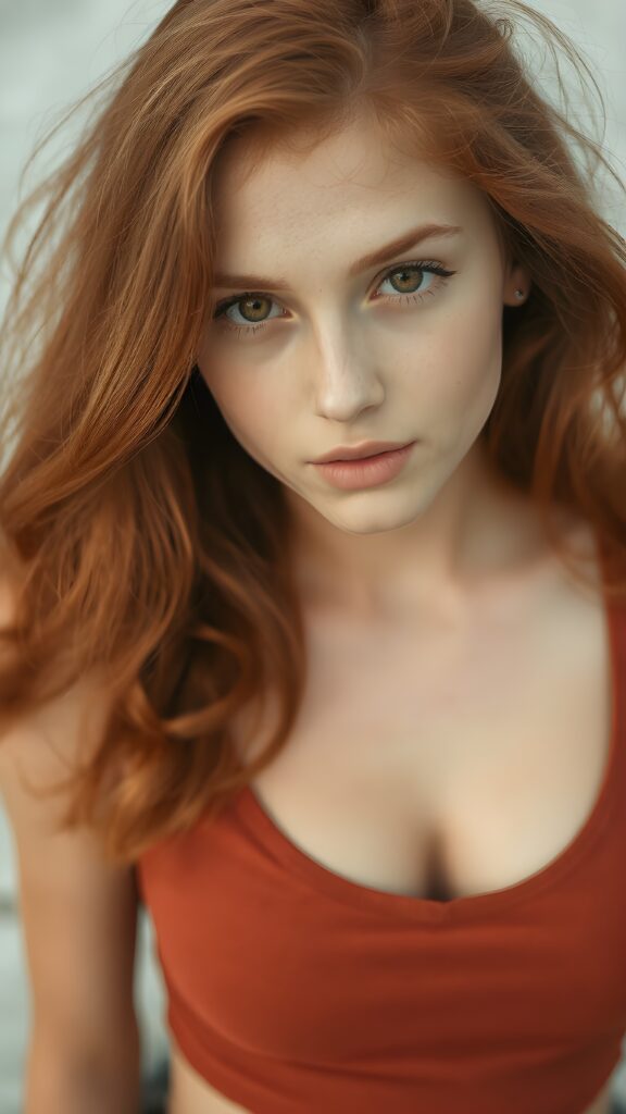 a (((perfect portrait))) of a (((beautiful young and well busty redhead teen girl))), with (soft long hair) that flows down past her shoulders and curls gently around her face, capturing an inviting look, her (face is round and softly contoured), with (amber eyes) that convey a sense of warmth and innocence. She's dressed in a tight (deep v-neck) crop top, wide open front that emphasizes her perfect formed body, all against a beach backdrop