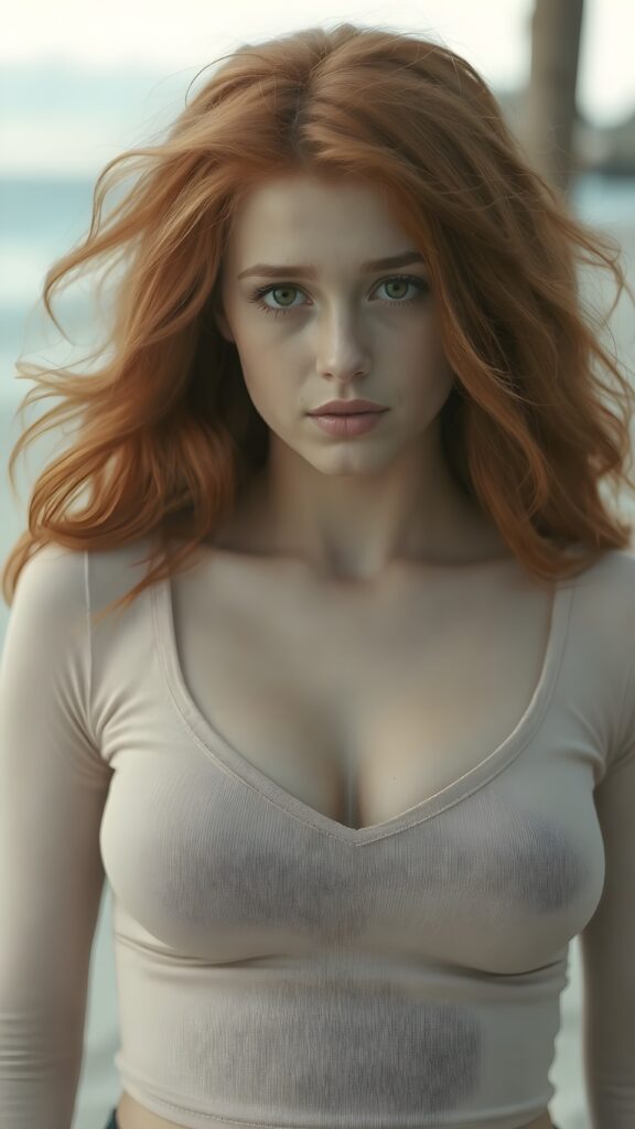 a (((perfect portrait))) of a (((beautiful young and well busty redhead teen girl))), with (soft long hair) that flows down past her shoulders and curls gently around her face, capturing an inviting look, her (face is round and softly contoured), with (amber eyes) that convey a sense of warmth and innocence. She's dressed in a tight (deep v-neck) crop top, wide open front that emphasizes her perfect formed body, all against a beach backdrop