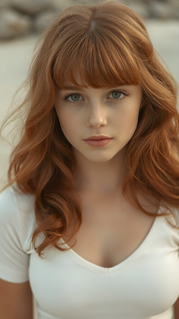 a (((perfect portrait))) of a (((beautiful young and well busty ginger teen girl))), with (soft long auburn red hair) that flows down past her shoulders and curls gently around her face, bangs, capturing an inviting look, her (face is round and softly contoured), with (amber eyes) that convey a sense of warmth and innocence. She's dressed in a tight (deep v-neck) crop top, wide open front that emphasizes her perfect formed body, all against a beach backdrop