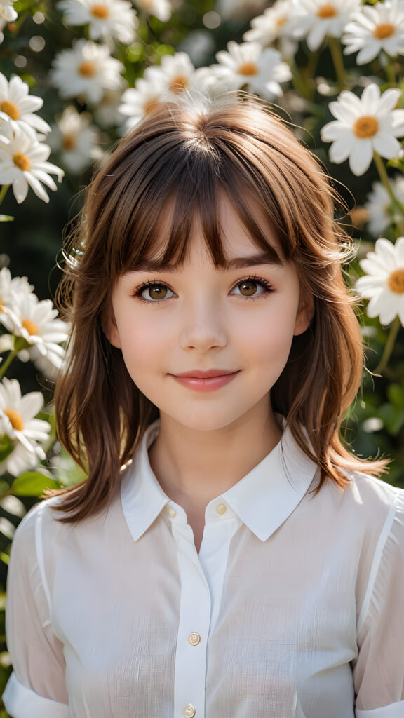 a (((perfect portrait))) of a (((very cute young girl))), age 3, with delicate yet pale skin, luminous brown eyes that sparkle in the sun, and exquisite features that make her truly beautiful, including a charming smile that lights up the room. Her hair is styled in (((straight brown hair with side bangs))), and she's dressed in a (((white shirt))). Her eyes are framed by long, elegant eyelashes that draw the viewer in. The scene is set against a backdrop of a (pretty white flower garden)