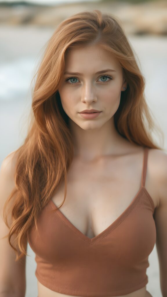 a (((perfect portrait))) of a (((beautiful young and well busty redhead teen girl))), with (soft long hair) that flows down past her shoulders and curls gently around her face, capturing an inviting look, her (face is round and softly contoured), with (amber eyes) that convey a sense of warmth and innocence. She's dressed in a tight (deep v-neck) crop top, wide open front that emphasizes her perfect formed body, all against a beach backdrop