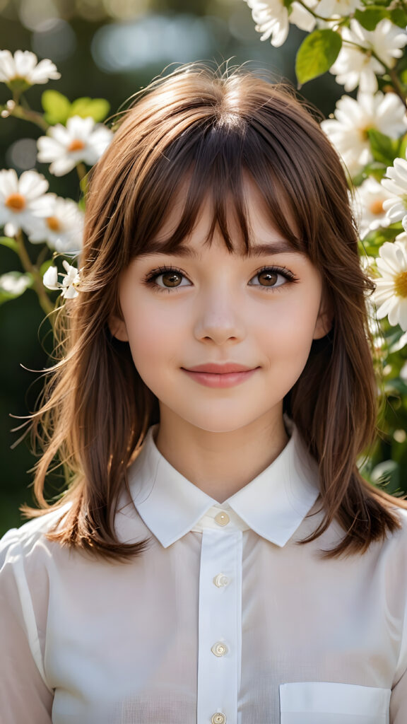 a (((perfect portrait))) of a (((very cute young girl))), age 3, with delicate yet pale skin, luminous brown eyes that sparkle in the sun, and exquisite features that make her truly beautiful, including a charming smile that lights up the room. Her hair is styled in (((straight brown hair with side bangs))), and she's dressed in a (((white shirt))). Her eyes are framed by long, elegant eyelashes that draw the viewer in. The scene is set against a backdrop of a (pretty white flower garden)