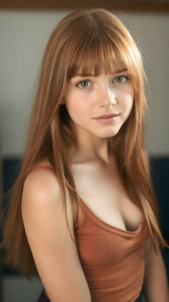 a (((perfect portrait))) of a (((beautiful teen girl))), with (straight soft long red hair) that flows down past her shoulders and curls gently around her face, capturing an inviting look. Her (face is round and softly contoured), with (amber eyes) that convey a sense of warmth and innocence. She's dressed in a tight (deep v-neck) crop top that emphasizes her (navel) and (flips back into a (short skirt) that falls just above her knees. The scene is (softly backlit) with a (front fill light) that gives the impression of natural beauty