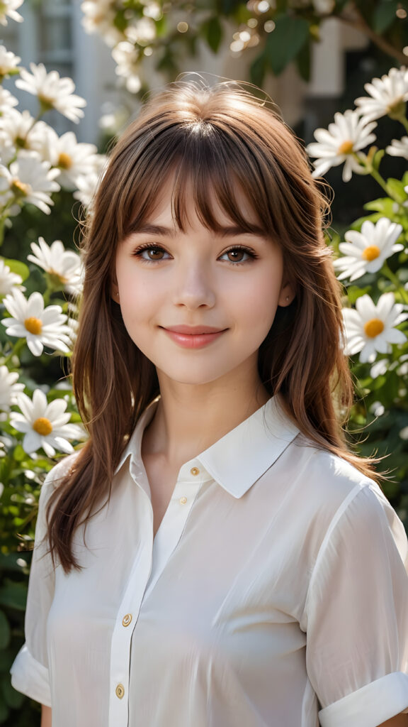 a (((perfect portrait))) of a (((very cute young girl))), age 3, with delicate yet pale skin, luminous brown eyes that sparkle in the sun, and exquisite features that make her truly beautiful, including a charming smile that lights up the room. Her hair is styled in (((straight brown hair with side bangs))), and she's dressed in a (((white shirt))). Her eyes are framed by long, elegant eyelashes that draw the viewer in. The scene is set against a backdrop of a (pretty white flower garden)