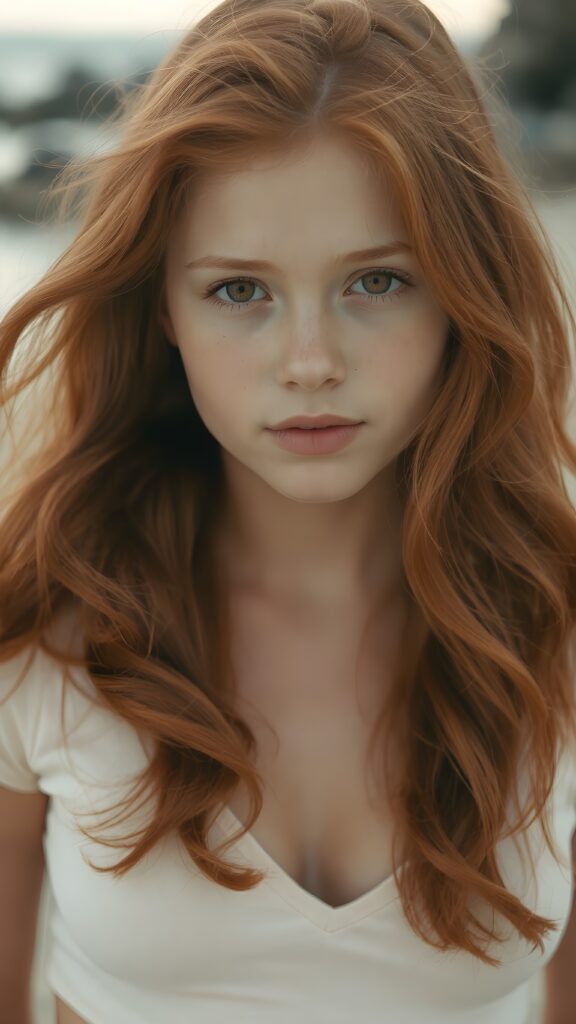 a (((perfect portrait))) of a (((beautiful young and well busty redhead teen girl))), with (soft long hair) that flows down past her shoulders and curls gently around her face, capturing an inviting look, her (face is round and softly contoured), with (amber eyes) that convey a sense of warmth and innocence. She's dressed in a tight (deep v-neck) crop top, wide open front that emphasizes her perfect formed body, all against a beach backdrop