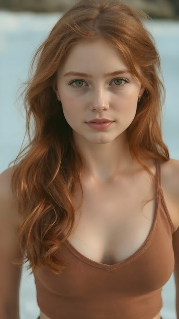 a (((perfect portrait))) of a (((beautiful young and well busty ginger teen girl))), with (soft long auburn red hair) that flows down past her shoulders and curls gently around her face, bangs, capturing an inviting look, her (face is round and softly contoured), with (amber eyes) that convey a sense of warmth and innocence. She's dressed in a tight (deep v-neck) crop top, wide open front that emphasizes her perfect formed body, all against a beach backdrop