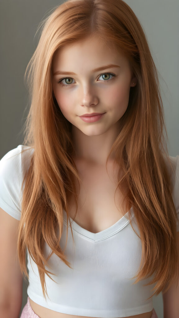 a (((perfect portrait))) of a (((beautiful teen girl))), with (straight soft long red hair) that flows down past her shoulders and curls gently around her face, capturing an inviting look. Her (face is round and softly contoured), with (amber eyes) that convey a sense of warmth and innocence. She's dressed in a tight (deep v-neck) crop top that emphasizes her (navel) and (flips back into a (short skirt) that falls just above her knees. The scene is (softly backlit) with a (front fill light) that gives the impression of natural beauty