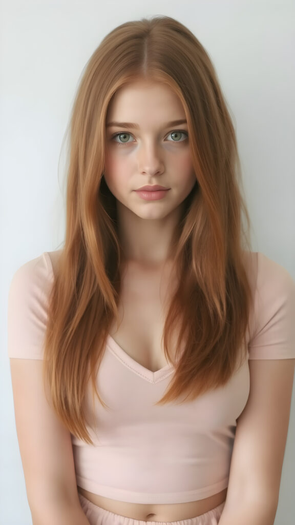 a (((perfect portrait))) of a (((beautiful teen girl))), with (straight soft long red hair) that flows down past her shoulders and curls gently around her face, capturing an inviting look. Her (face is round and softly contoured), with (amber eyes) that convey a sense of warmth and innocence. She's dressed in a tight (deep v-neck) crop top that emphasizes her (navel) and (flips back into a (short skirt) that falls just above her knees. The scene is (softly backlit) with a (front fill light) that gives the impression of natural beauty