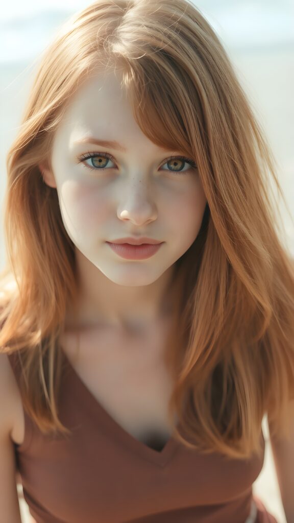 a (((perfect portrait))) of a (((beautiful young ginger teen girl))), with (soft long straight amber hair) that flows down past her shoulders and gently around her face, bangs, capturing an inviting look, her (face is round and softly contoured), with (amber eyes) that convey a sense of warmth and innocence. She's dressed in a tight (deep v-neck) crop top, wide open front that emphasizes her perfect curved female body, all against a beach backdrop