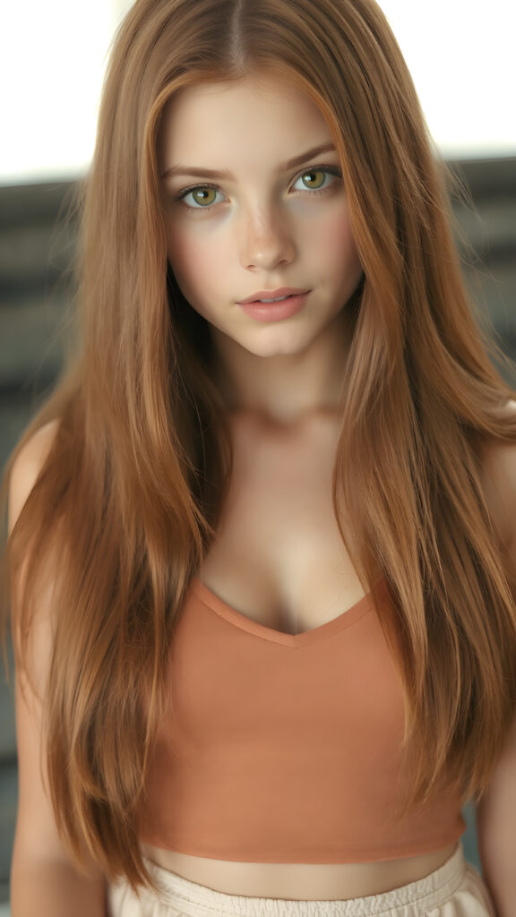 a (((perfect portrait))) of a (((beautiful teen girl))), with (straight soft long red hair) that flows down past her shoulders and curls gently around her face, capturing an inviting look. Her (face is round and softly contoured), with (amber eyes) that convey a sense of warmth and innocence. She's dressed in a tight (deep v-neck) crop top that emphasizes her (navel) and (flips back into a (short skirt) that falls just above her knees. The scene is (softly backlit) with a (front fill light) that gives the impression of natural beauty