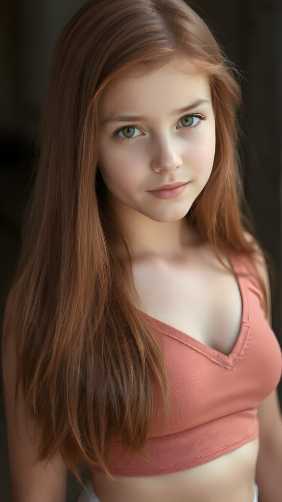 a (((perfect portrait))) of a (((beautiful teen girl))), with (straight soft long red hair) that flows down past her shoulders and curls gently around her face, capturing an inviting look. Her (face is round and softly contoured), with (amber eyes) that convey a sense of warmth and innocence. She's dressed in a tight (deep v-neck) crop top that emphasizes her (navel) and (flips back into a (short skirt) that falls just above her knees. The scene is (softly backlit) with a (front fill light) that gives the impression of natural beauty