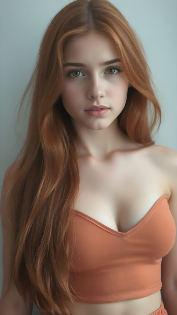 a (((perfect portrait))) of a (((beautiful teen girl))), with (straight soft long red hair) that flows down past her shoulders and curls gently around her face, capturing an inviting look. Her (face is round and softly contoured), with (amber eyes) that convey a sense of warmth and innocence. She's dressed in a tight (deep v-neck) crop top that emphasizes her (navel) and (flips back into a (short skirt) that falls just above her knees. The scene is (softly backlit) with a (front fill light) that gives the impression of natural beauty