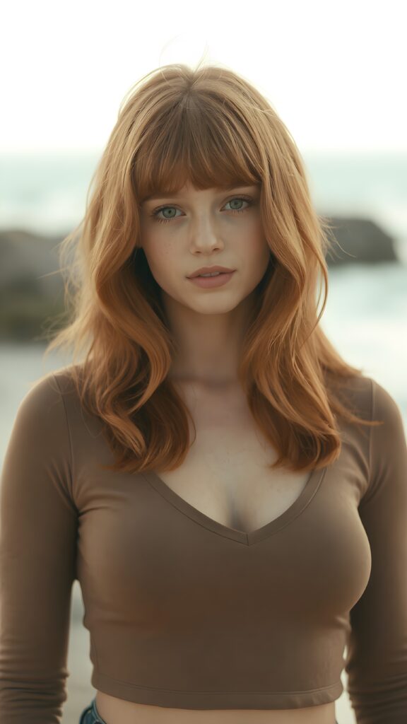 a (((perfect portrait))) of a (((beautiful young and well busty ginger teen girl))), with (soft long auburn red hair) that flows down past her shoulders and curls gently around her face, bangs, capturing an inviting look, her (face is round and softly contoured), with (amber eyes) that convey a sense of warmth and innocence. She's dressed in a tight (deep v-neck) crop top, wide open front that emphasizes her perfect curved female body, all against a beach backdrop