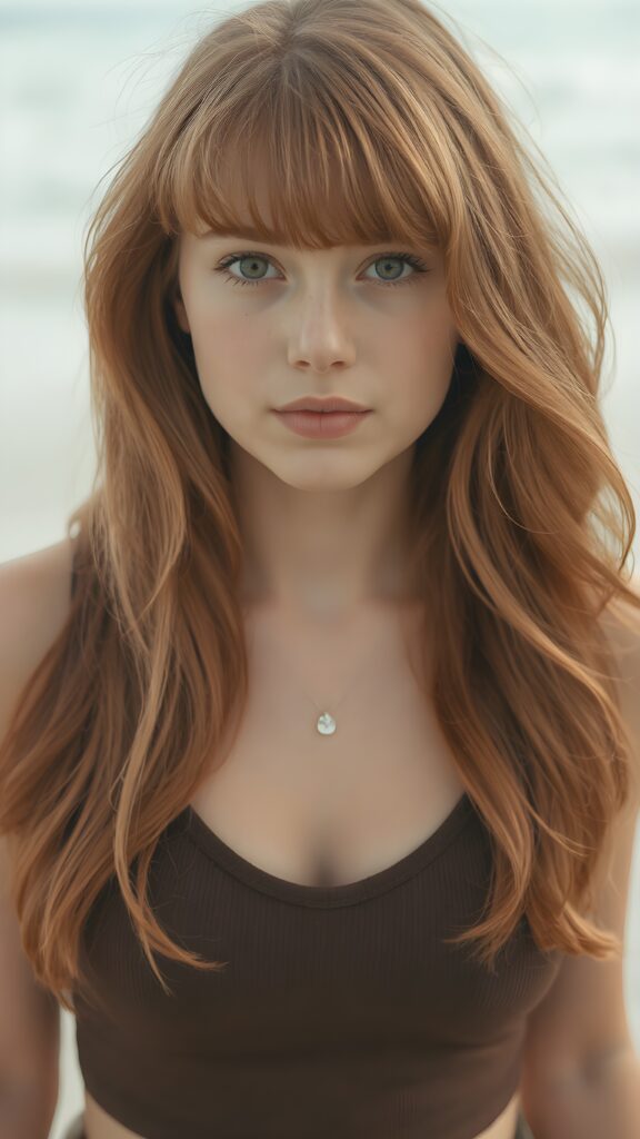 a (((perfect portrait))) of a (((beautiful young and well busty ginger teen girl))), with (soft long auburn red hair) that flows down past her shoulders and curls gently around her face, bangs, capturing an inviting look, her (face is round and softly contoured), with (amber eyes) that convey a sense of warmth and innocence. She's dressed in a tight (deep v-neck) crop top, wide open front that emphasizes her perfect curved female body, all against a beach backdrop