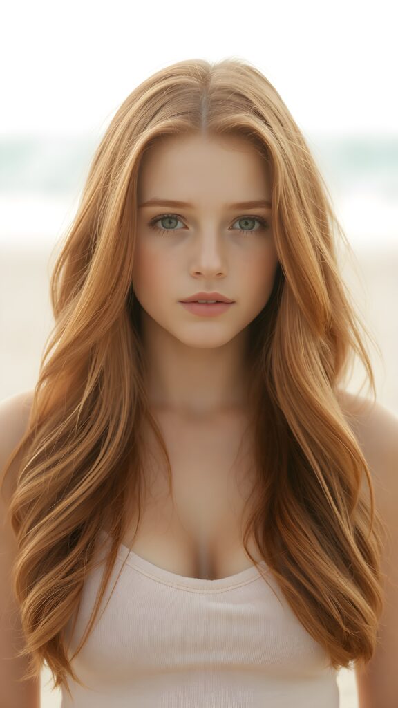 a (((perfect portrait))) of a (((beautiful young and well busty redhead teen girl))), with (soft long hair) that flows down past her shoulders and curls gently around her face, capturing an inviting look, her (face is round and softly contoured), with (amber eyes) that convey a sense of warmth and innocence. She's dressed in a tight (deep v-neck) crop top, wide open front that emphasizes her perfect formed body, all against a beach backdrop