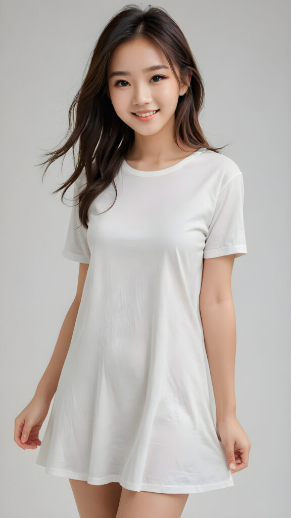 a perfect portrait of a cute young asian girl, beautiful eyes, slim, long legs, full body shot, very cute, charming, detailed, realistic, clear colors, natural, full body shot, ultra cute, adorable, beautiful, stunning, ((white t-shirt)) dress, smiling