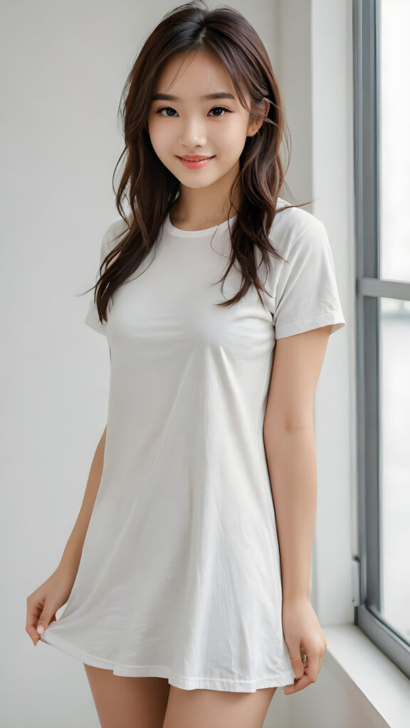 a perfect portrait of a cute young asian girl, beautiful eyes, slim, long legs, full body shot, very cute, charming, detailed, realistic, clear colors, natural, full body shot, ultra cute, adorable, beautiful, stunning, ((white t-shirt)) dress, smiling