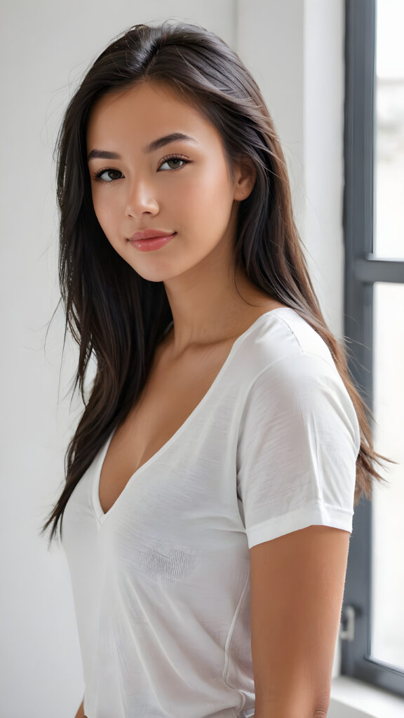 a (((perfectly realistic full-body portrait))), featuring a (((very cute young tanned well busty teen girl))) with ((bright white t-shirt, deep v-neck, open front)), (((detailed, realistic black straight soft hair))), and (((pale, clear skin))), accompanied by (((full, defined lips))), that give off a (natural, glowing smile). Her face is (((beautifully drawn))), with (((two perfectly matching, white and closed eyes))), and (((a small, pointed nose))), all framed by (((a slightly pointed chin))), which complements the overall aesthetic. The portrait is (((side-view, looking slightly to the side))), with (((bright, natural light))) illuminating her face and creating a (softly shaded backdrop) that accentuates her features