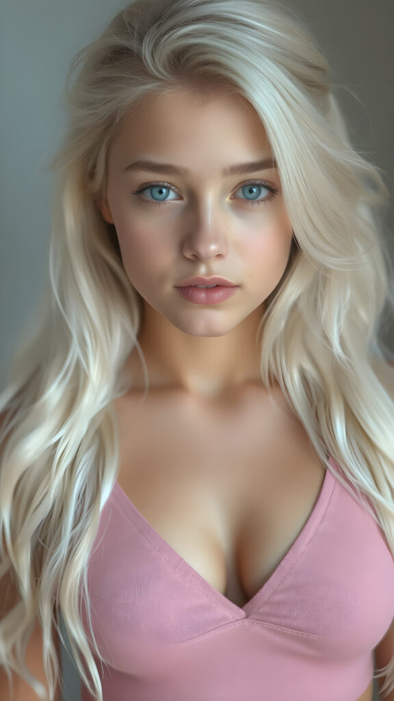 a (((perfectly proportioned portrait))), with stunning (lightblue eyes) that emit a gentle glow, framed by (soft, long white hair) that creates a cozy, warm atmosphere. The subject is a (((beautiful well busty teen girl))) who exudes self-confidence, with a (healthy glow) on her skin, wearing a (tight deep v-neck crop top) that accentuates her perfect body, complemented by (realistic, detailed soft light) that brings out her (best features)