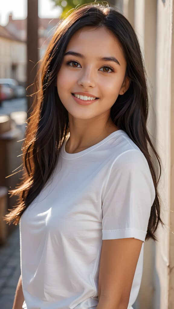 a (((perfectly realistic full-body portrait))), featuring a (((very cute young girl))) with, ((straight black shoulder long soft hair)) and (((brightly shiny brown eyes))), wearing a (((white plain short and thin t-shirt))) that matches her flawless complexion, exuding a gentle smile. Her lips are (((kissable, with a soft, inviting glow))) and ((perfectly aligned teeth) that complement her overall look. She’s (((looking over her shoulder))) into the camera, framed by her (full body) with a (sunlight accentuating her natural features). The scene is (((extremely hyper-detailed and hyper-quality))), evoking a (((high-resolution, 8K resolution, with intricate patterns and subtle details that pop at 32K contrast)))