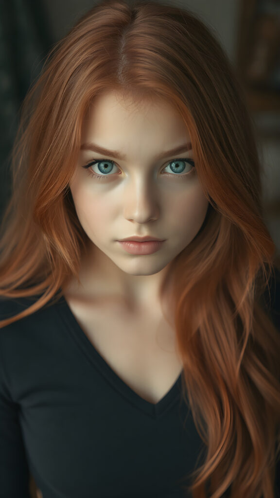 a (((perfectly proportioned portrait))), with stunning (light blue eyes) that emit a gentle glow, framed by (soft, long red hair) that creates a cozy, warm atmosphere. The subject is a (((beautiful well busty teen girl))) who exudes self-confidence, with a (healthy glow) on her skin, wearing a (tight deep v-neck crop top) that accentuates her perfect body, complemented by (realistic, detailed soft light) that brings out her (best features)