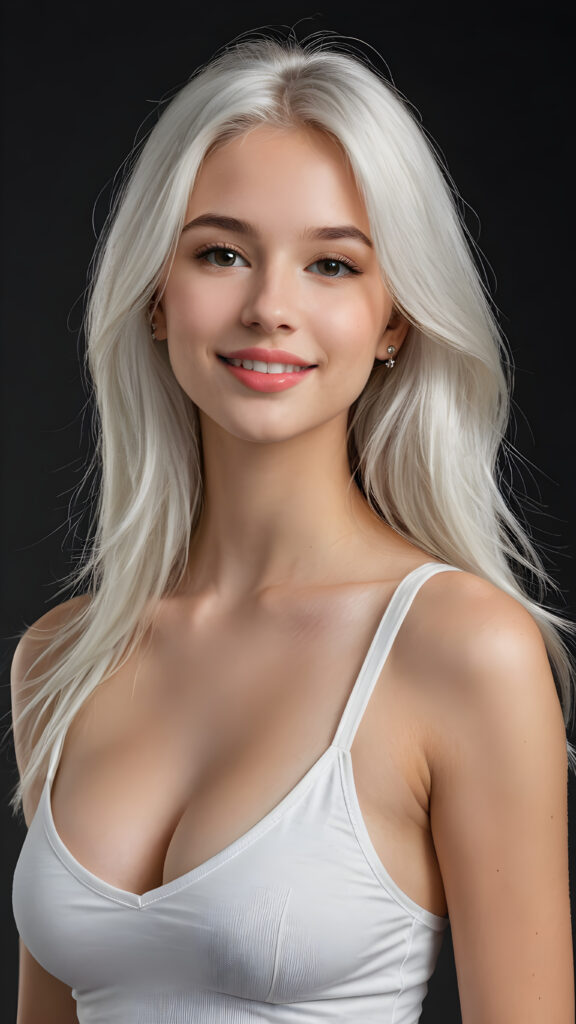 a (((perfectly realistic full-body portrait))), featuring a (((very cute young silver skinned well busty teen girl))) with ((bright white tank top, deep v-neck, open front)), (((detailed, realistic light white long straight soft hair))), and (((clear skin))), accompanied by (((full, defined lips))), that give off a (natural, glowing smile, white teeth). Her face is (((beautifully drawn))), and (((a small, pointed nose))), all framed by (((a slightly pointed chin))), which complements the overall aesthetic. The portrait is (((side-view, looking slightly to the side))), with (((bright, natural light))) illuminating her face and creating a (softly shaded backdrop) that accentuates her features, ((black dimmed backdrop))