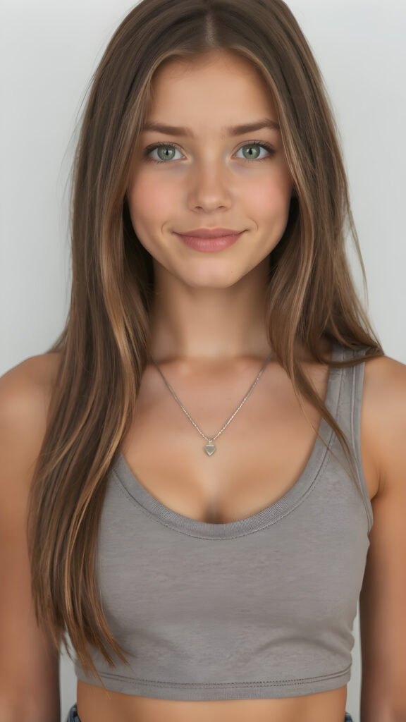 a (((perfectly detailed full body portrait))), featuring a (((beautiful young teen girl))) with straight soft long brown hair, realistic amber eyes, and a flawless fair complexion. Her expression exudes warmth and vitality, wearing a (((cropped tank top))), ((perfectly fitted)) with a (((deep v-neck))), that brings out her perfectly proportioned figure, perfectly aligned front to back. She wears a (plain silver necklace) that complements her ensemble. The scene is (((light grey and warm white) toned) to create a cozy, inviting atmosphere